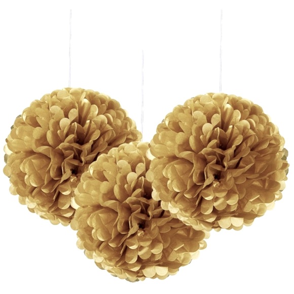 2 GOLD METALLIC POM-POM Party Wedding Shower Decorations 10” ea w Hanging Loops - Picture 3 of 16